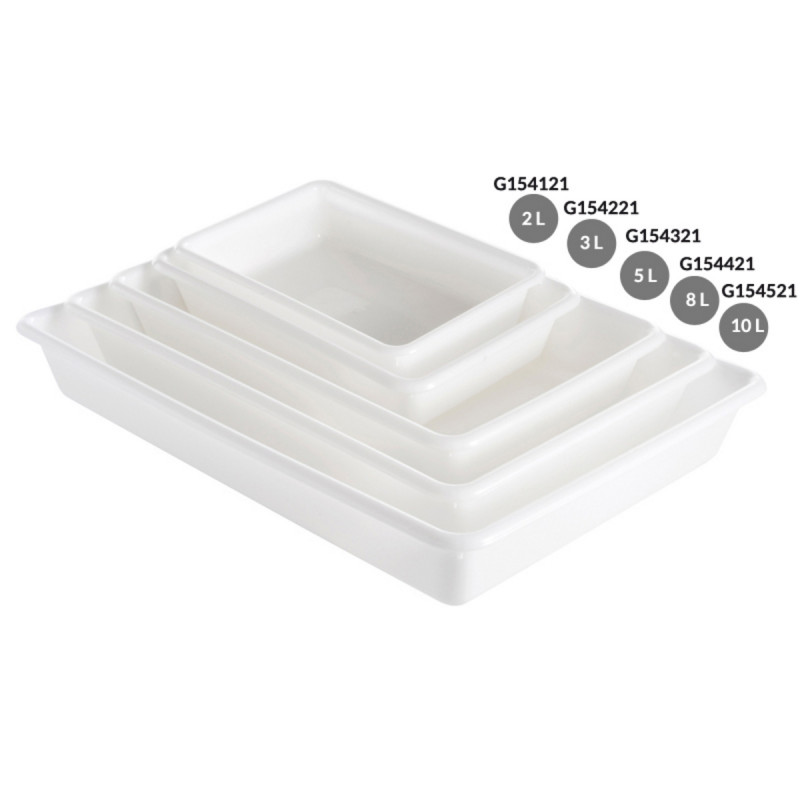 Bac plat sans couvercle blanc plastique 43,7x28,5x7,5 cm 5 L fond plein parois pleines Gilac